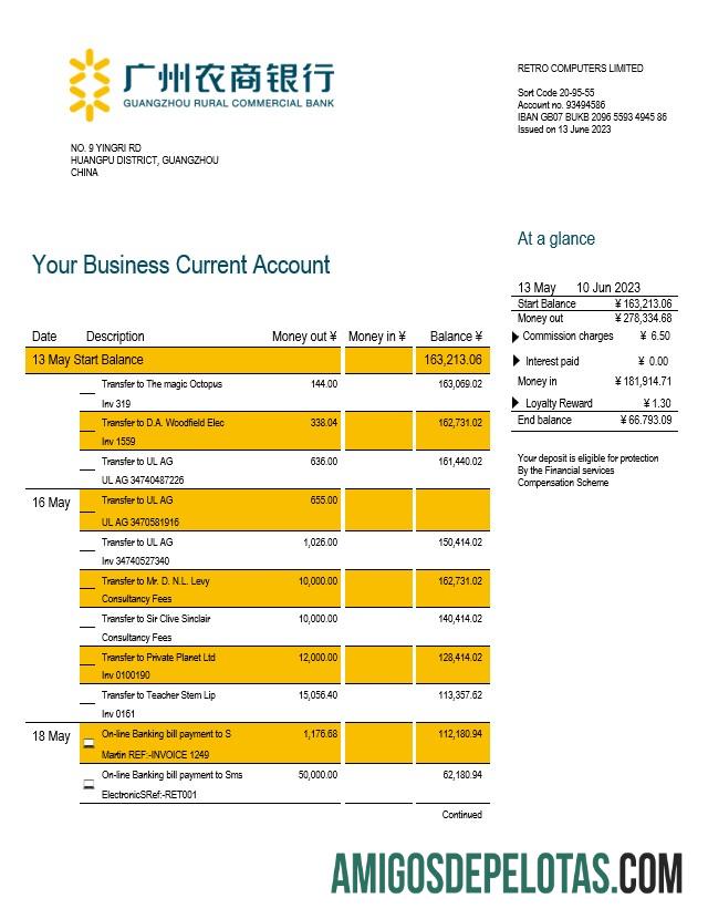 Imprimível Guangzhou Rural Commercial Bank Company Statement Modelo Word e PDF
